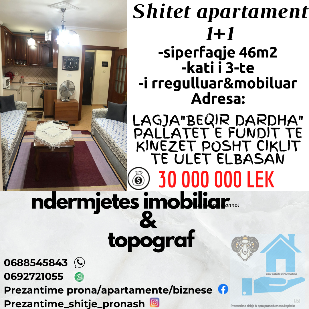 Shitet Apartament 1+1 kati i 3 te poshte Ciklit te ulet